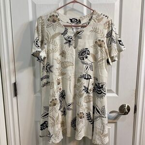 Artex Vintage Linen Blend Tropical Floral Black Cream Women’s Shirt Tunic Small